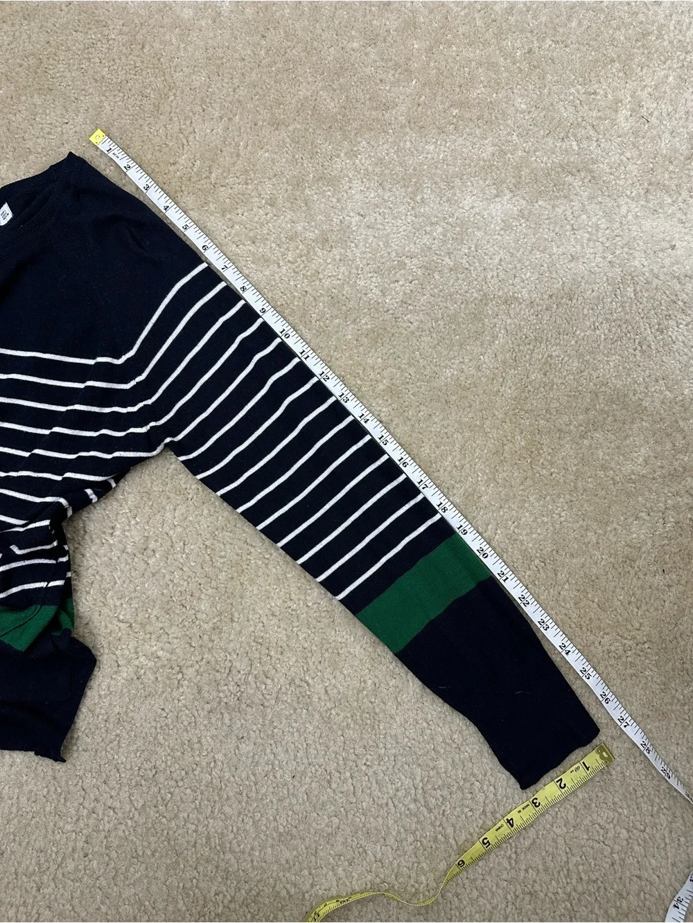 Zara Navy and White Striped Crewneck Sweater with Green Band